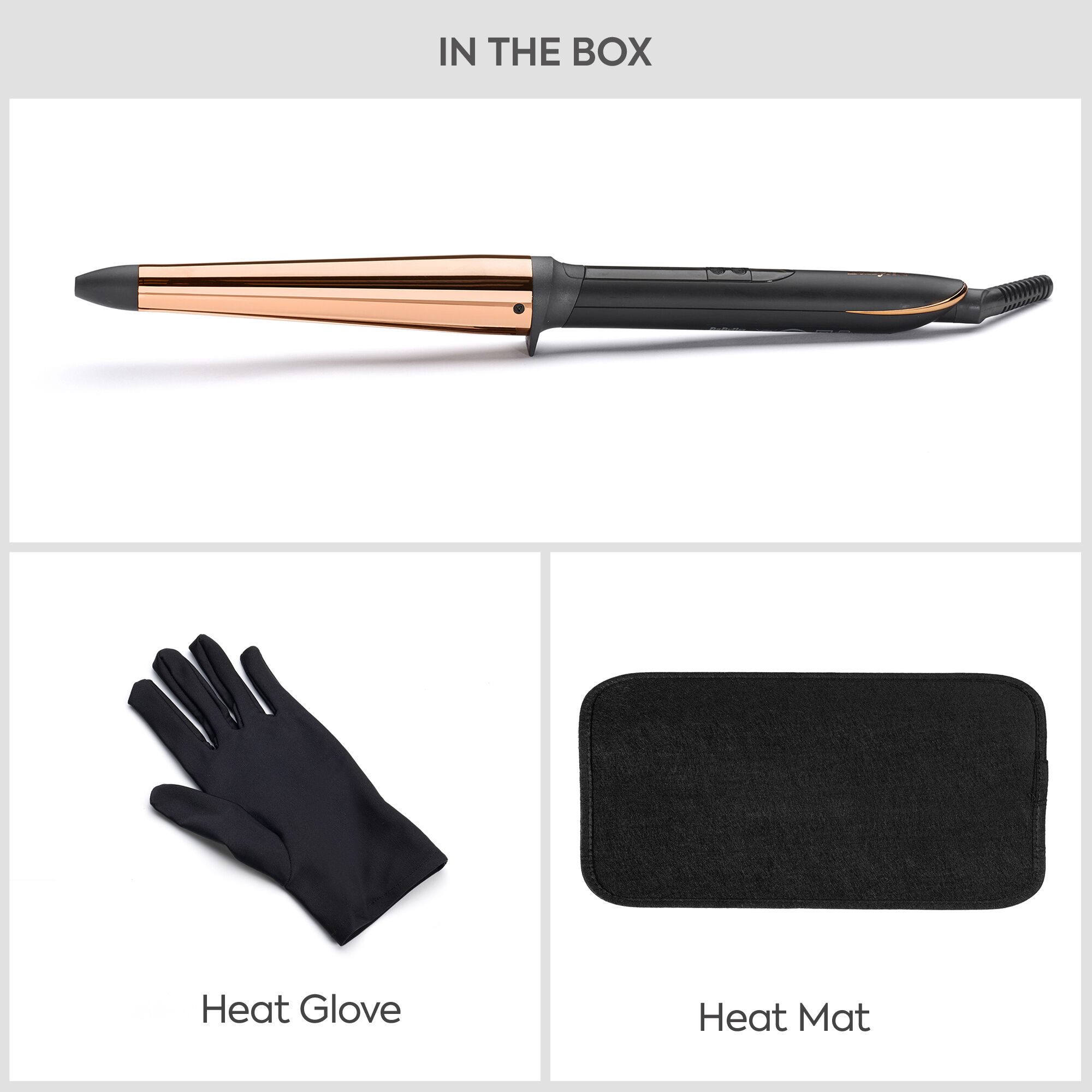 In the box: Conical Wand.  Heat Glove. Heat Mat.